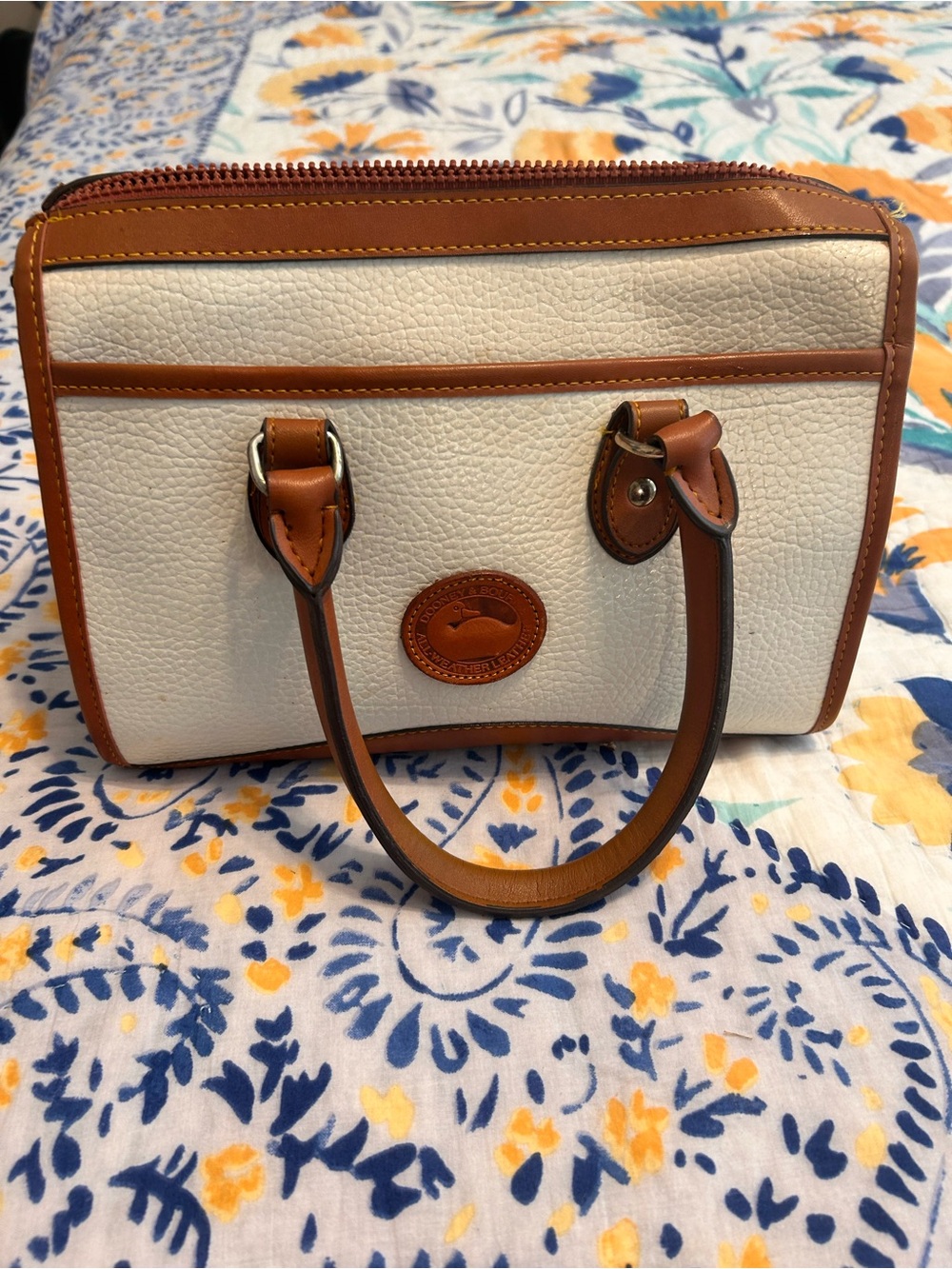 Dooney & Bourke Cream Pebble Leather Satchel with Brown Trim